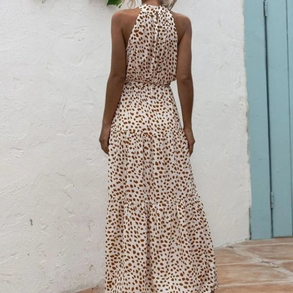 Dalmatian Print Ruffle Hem Belted Halter Dress - Picture 4 of 9